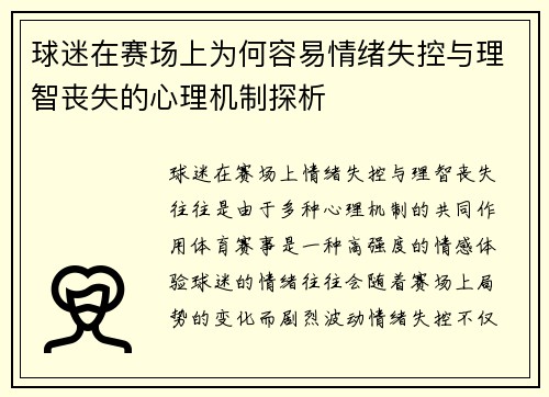 球迷在赛场上为何容易情绪失控与理智丧失的心理机制探析